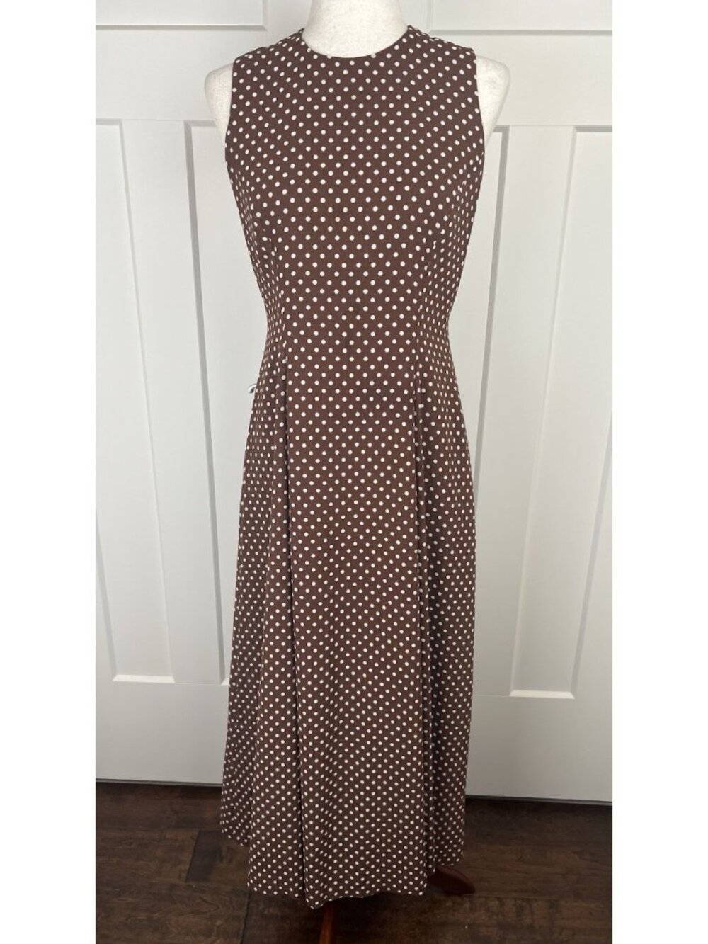 Vintage Cynthia Howie Dress Polka Dot Brown White Gored Midi 6 Lined Timeless